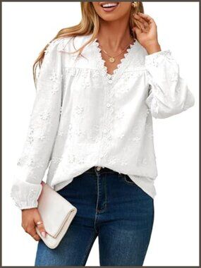 Simplee Women's 3D Floral Embroidered V-Neck Button-Down Blouse